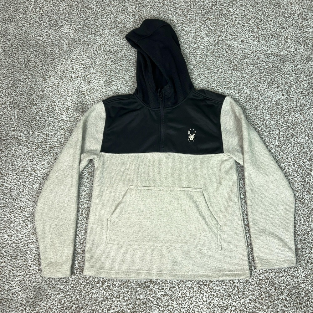 Spyder Hoodie Mens Medium Beige Black 1/4 Zip‎ Pullover Core Sweater Ski Outdoor